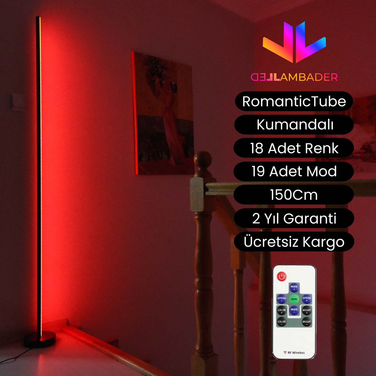RGB 150cm Dekoratif Kumandalı Led Lambader RomanticTube – (Sabit renkler + Çakar mod)